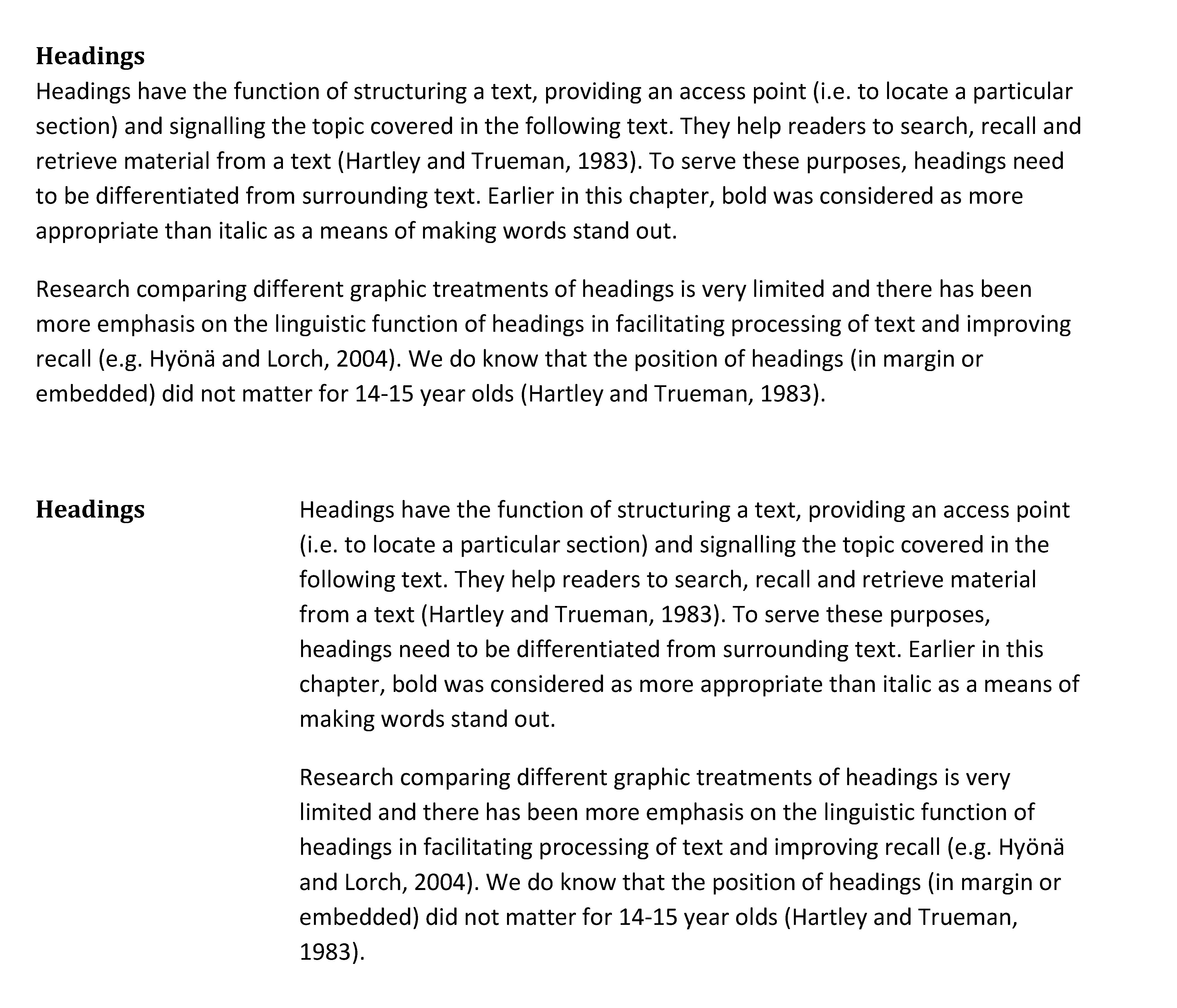 Position of headings